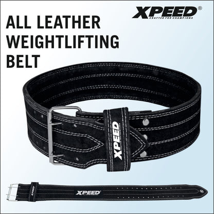 XPEED XP1001 All Leather Power Lifting Belt Suede Double Prong Zinc Buckle for Weightlifting & Strength Training