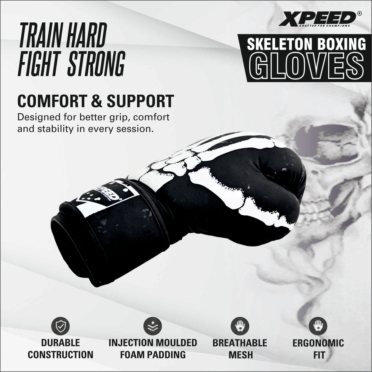 Xpeed XP3070 Skeleton Boxing Gloves – Matt PU Training Gloves for Boxing, Kickboxing & MMA