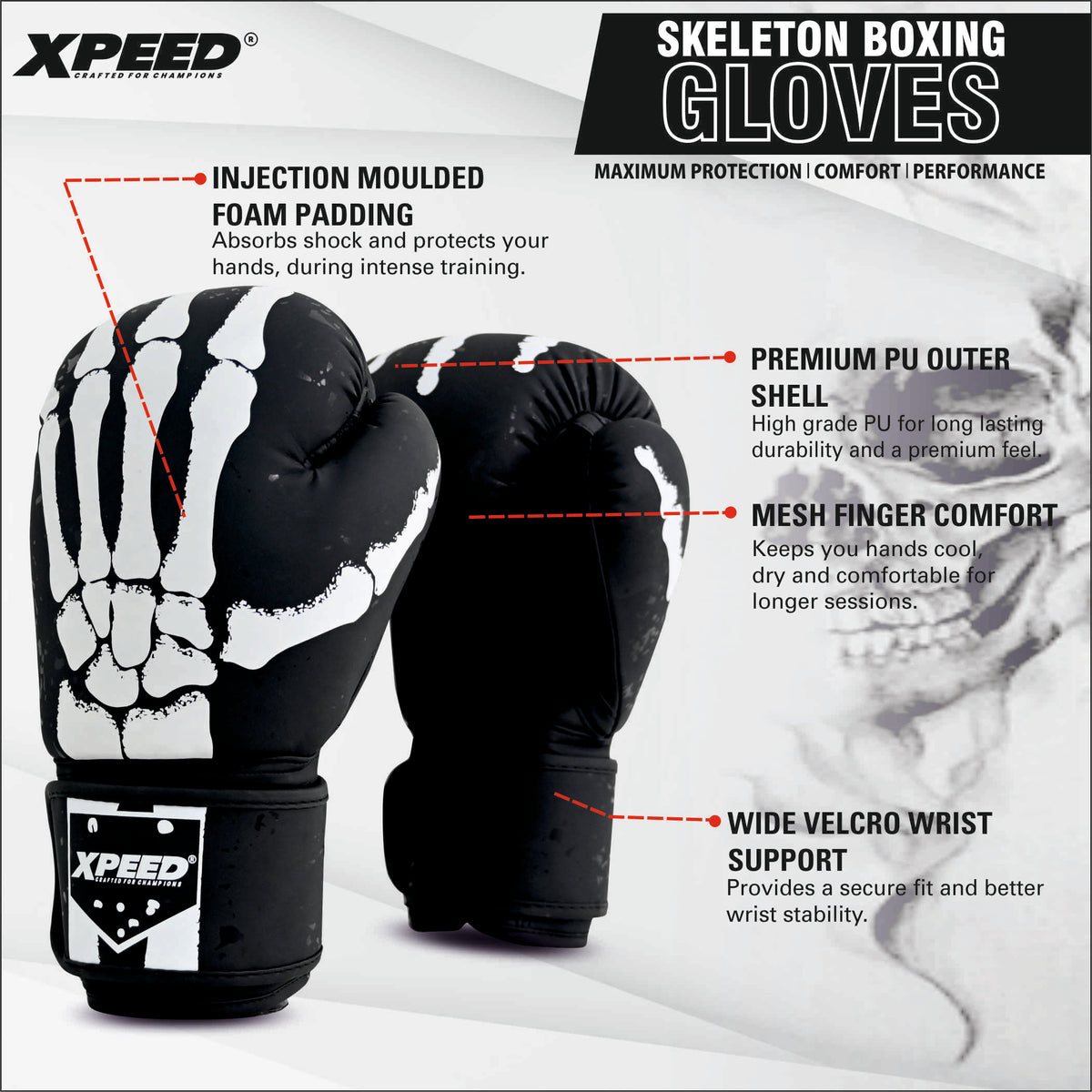 Xpeed XP3070 Skeleton Boxing Gloves – Matt PU Training Gloves for Boxing, Kickboxing & MMA