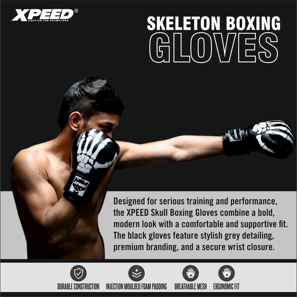 Xpeed XP3070 Skeleton Boxing Gloves – Matt PU Training Gloves for Boxing, Kickboxing & MMA