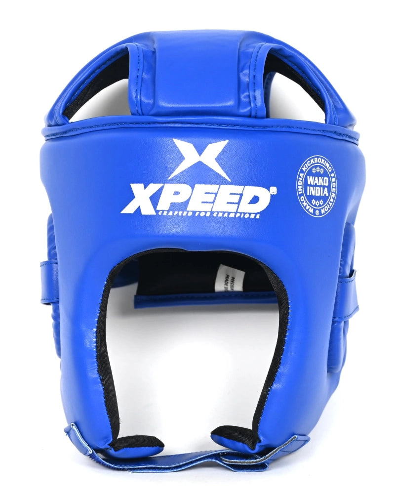 Xpeed XP1808 PU Headguard for Karate Range, protective martial arts headgear with padding and adjustable straps.