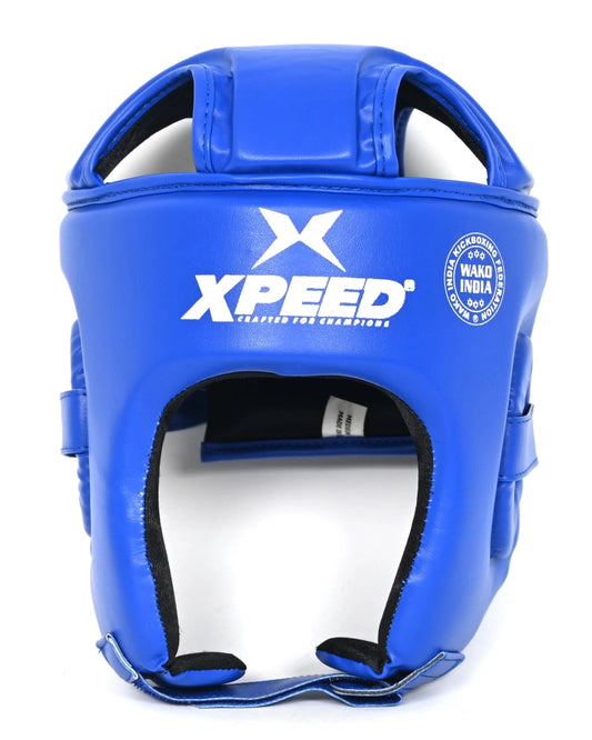 Xpeed XP1808 PU Headguard for Karate Range, protective martial arts headgear with padding and adjustable straps.