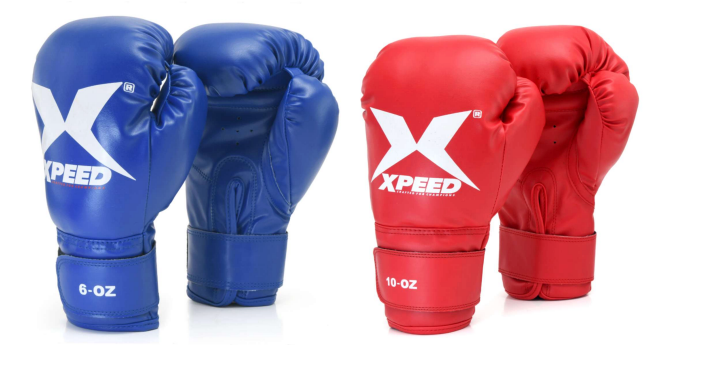 XPEED XP601 junior boxing gloves in black and red with padded wrist support and secure velcro strap for youth boxing training