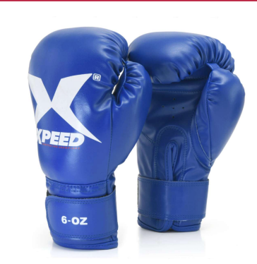 XPEED XP601 junior boxing gloves in black and red with padded wrists and secure Velcro straps, designed for young boxers.