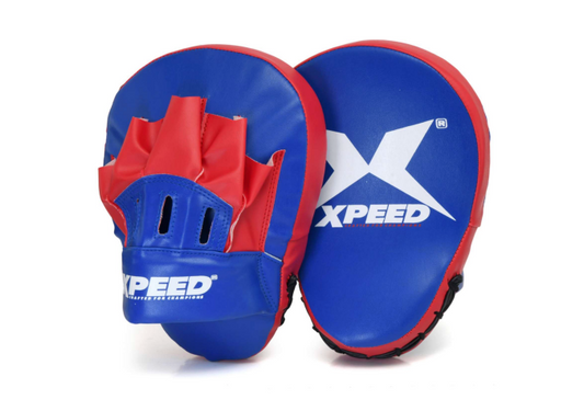 XPEED XP602 Junior focus pads for boxing and martial arts, featuring hook and jab target areas, bright orange color.