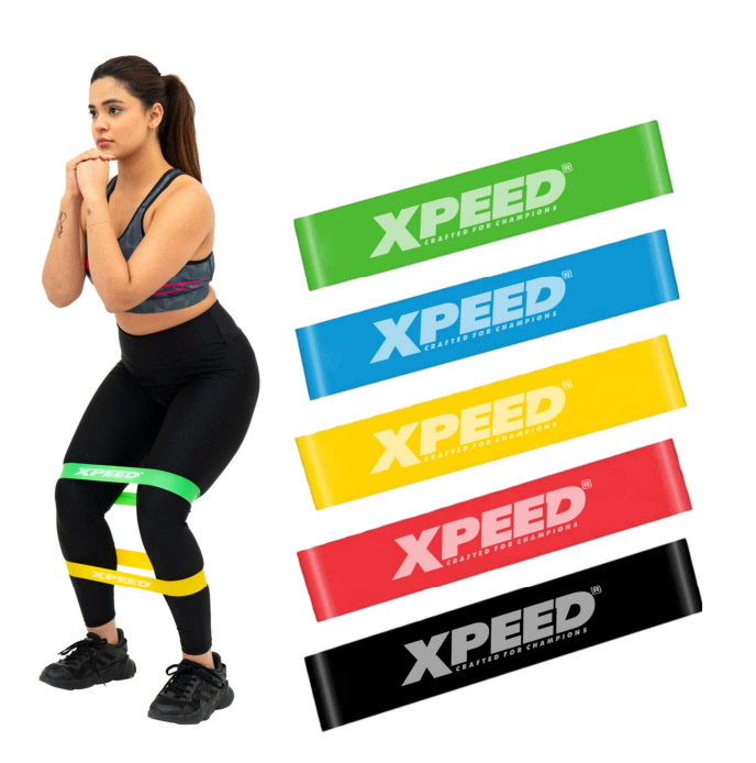 XPEED XP914 Mini Resistance Bands set of 5 for strength training, showing colorful elastic exercise bands on a white background.