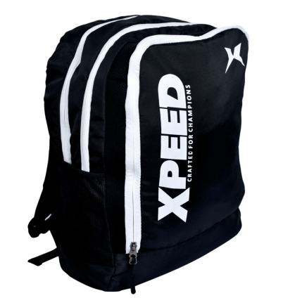 XPEED Double Pocket Bag Pack Large Main Compartment U-Shaped Zip 2 End Pockets Studded Base Side Bottle Straps Black White