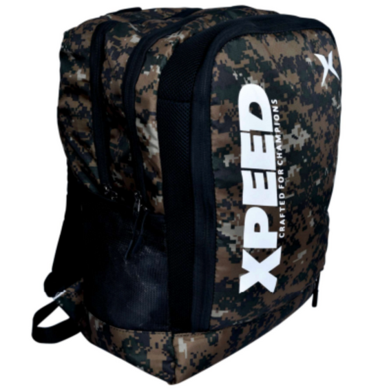 XPEED Camouflage Double Pocket Bag Pack Waterproof Padded Back Heavy Padding Breathable Adjustable Straps Side Bottle Holders