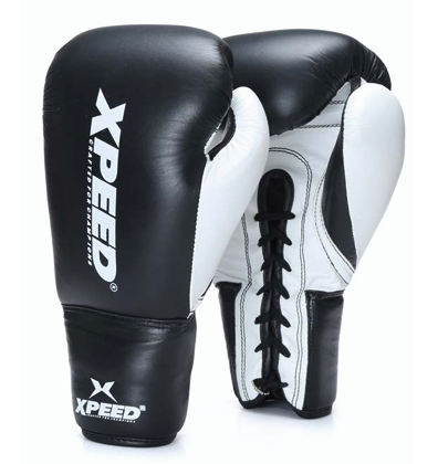 Xpeed XP 100 lace-up boxing gloves in black with padded wrist support and breathable material for training and competition use.