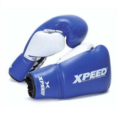 Blue XP 100 Laceup Boxing Gloves by Xpeed, showing snug fit and padded design for training and competition.