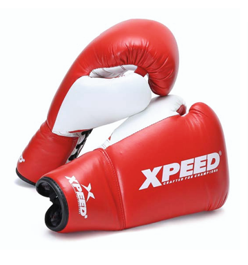 Red Xpeed XP100 lace-up boxing gloves made of genuine leather, designed for professional training and boxing workouts.