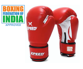 Xpeed XP101 contest boxing gloves in black with red accents, BFI approved professional training and competition gloves
