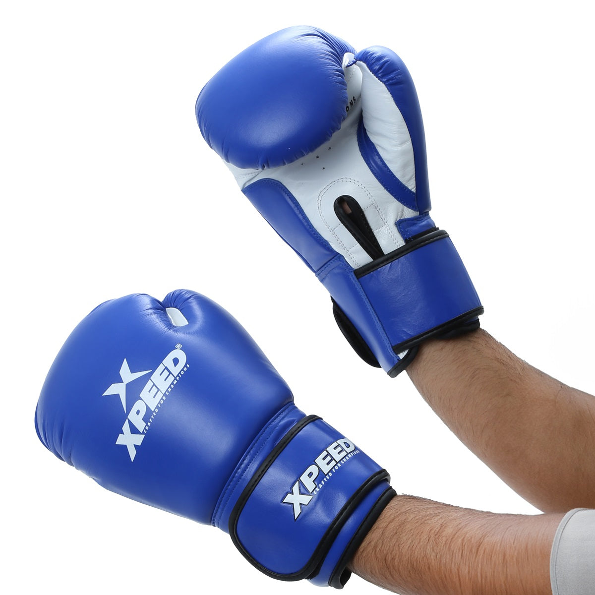 Blue Xpeed XP101 boxing gloves, BFI approved professional training and competition gloves, shown on a white background.