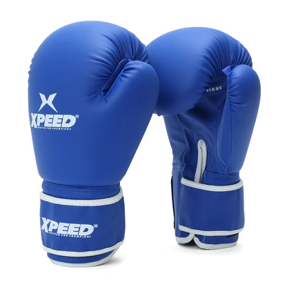 Blue XP 102 contest boxing gloves by Xpeed, made of durable PU material, featuring padded knuckles and adjustable wrist strap.
