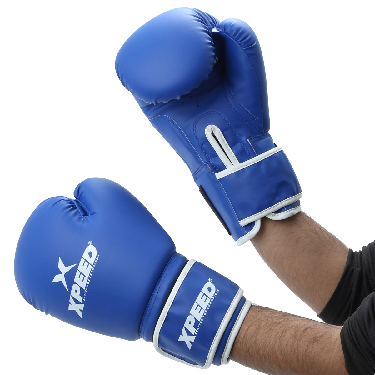 Blue XP 102 Contest Boxing Gloves by Xpeed made of durable PU material, designed for competitive boxing training and matches.