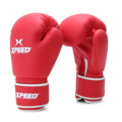 Red Xpeed XP102 boxing gloves made of durable PU leather, designed for fitness and combat boxing training.