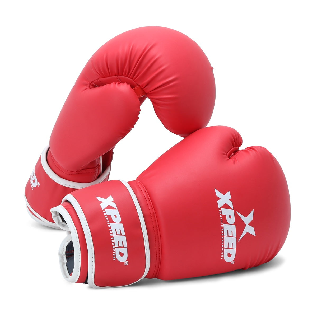 Red Xpeed XP102 boxing gloves made of durable PU leather for fitness and combat training, shown on a plain background.