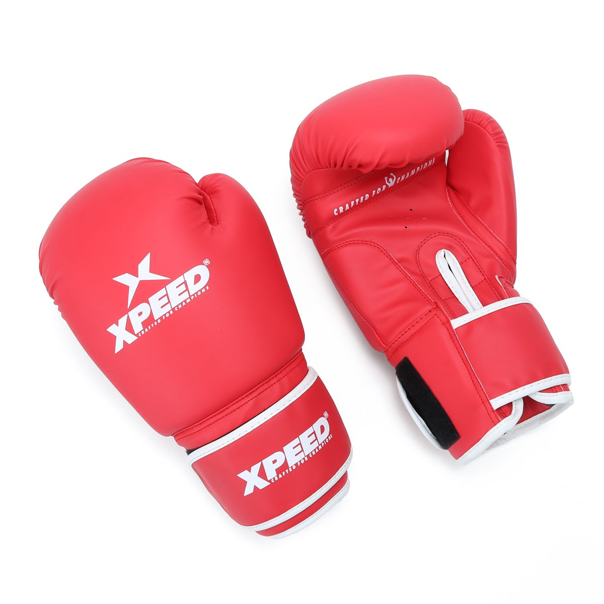 Red Xpeed XP 102 Contest Boxing Gloves made of durable PU leather, designed for training and competition.