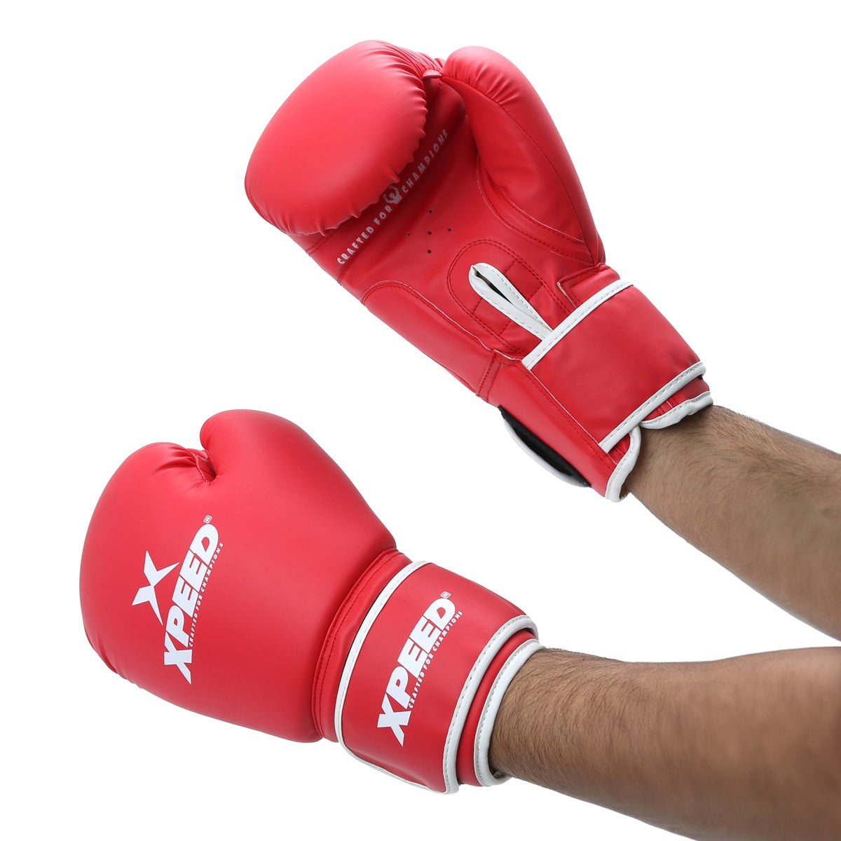 Red Xpeed XP102 boxing gloves made of durable PU leather, designed for fitness and combat training.