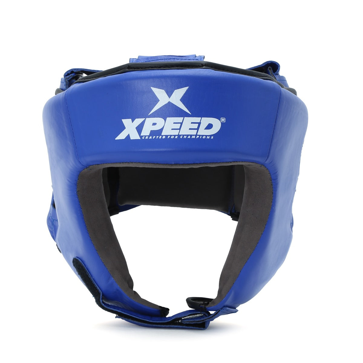 Blue Xpeed XP103 contest headguard made of professional leather, BFI approved head protector for boxing and martial arts.