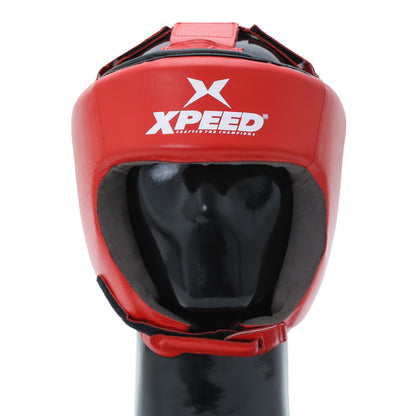 Red Xpeed XP103 Contest Headguard, BFI approved professional leather head protector for boxing and martial arts.