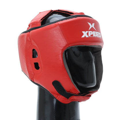 Red Xpeed XP103 contest headguard, BFI approved professional leather head protector for boxing and martial arts.