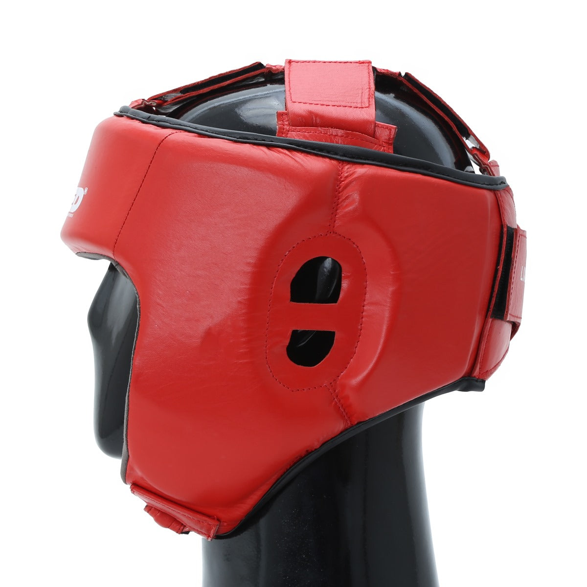 Red Xpeed XP103 contest headguard made of professional leather, BFI approved boxing head protector with padded design.