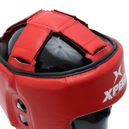 Red Xpeed XP103 contest headguard made of professional leather, BFI approved for boxing and martial arts safety.