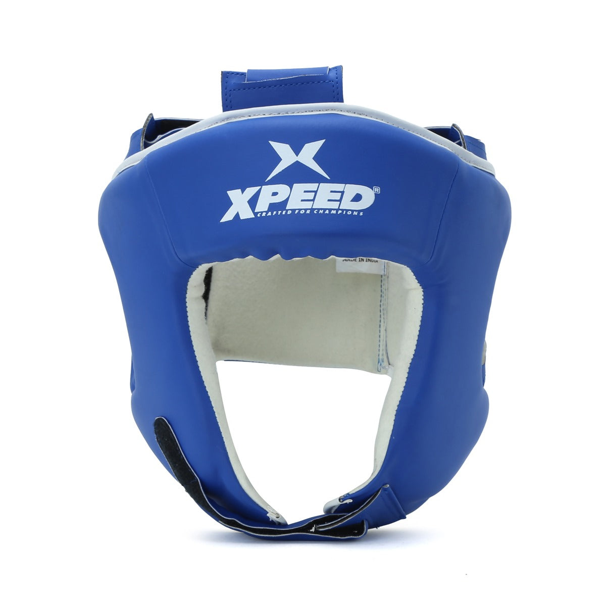 Blue Xpeed XP104 training headguard, durable PU boxing head protector for sparring and fitness, shown from the front.