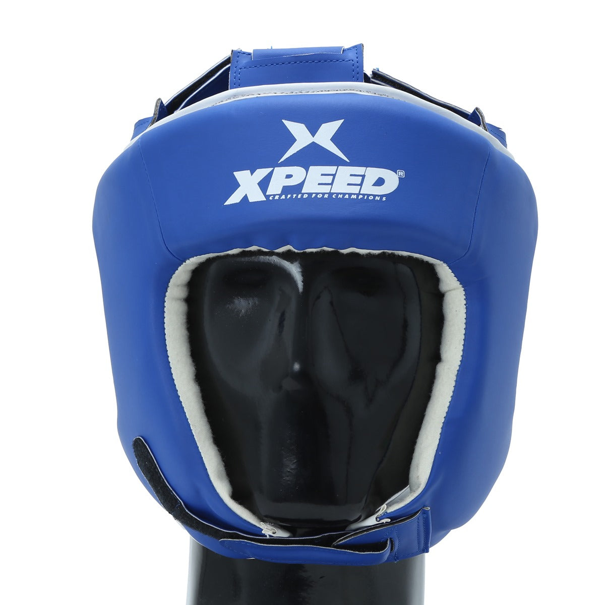 Blue Xpeed XP104 boxing headguard with durable PU material, designed for sparring and fitness training, offers full head protection.