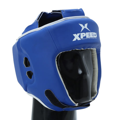 Blue Xpeed XP104 training headguard, durable PU boxing head protector for sparring and fitness, with adjustable straps.
