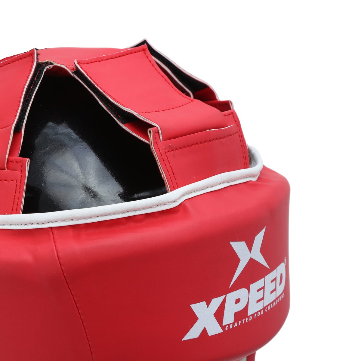 Red Xpeed XP104 boxing headguard with durable PU material, designed for sparring and fitness training.