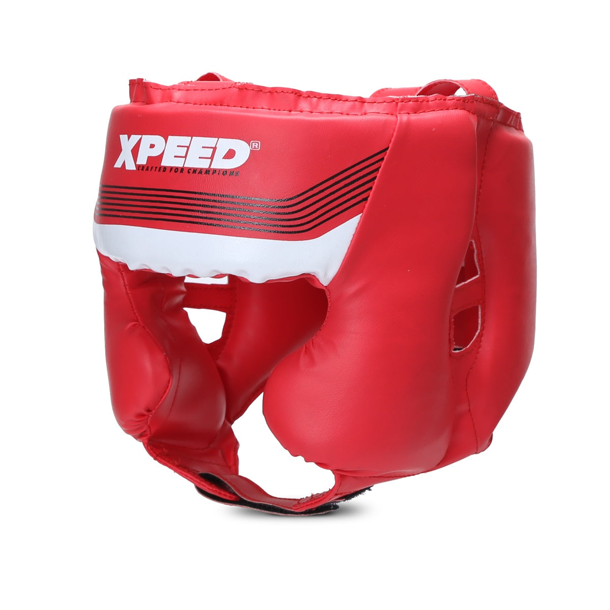 Red Xpeed XP105 Spar Headguard for boxing, showing padded head protection with adjustable straps and ventilation.