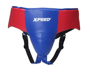 Xpeed XP109 Contest Abdoguard, professional leather abdominal and groin protector for boxing, shown in black with adjustable straps.