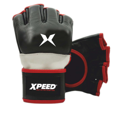 Xpeed XP1502 MMA cage fighting gloves with open palm design for training and competition, black with padded wrist support.