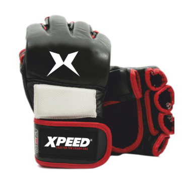 Black and red Xpeed XP1503 amateur grappling gloves with padded palms and adjustable wrist straps for enhanced grip and support.