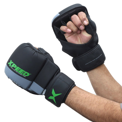 Xpeed XP1504 striking grappling MMA gloves with padded wrists and black design, designed for martial arts training.