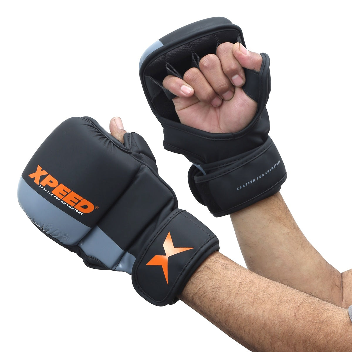 Xpeed XP1504 striking grappling MMA gloves in orange, showing padded palms and secure wrist straps for training and combat.