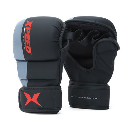 Red Xpeed XP1504 MMA gloves with padded wrist support and gripping palm for striking and grappling training.