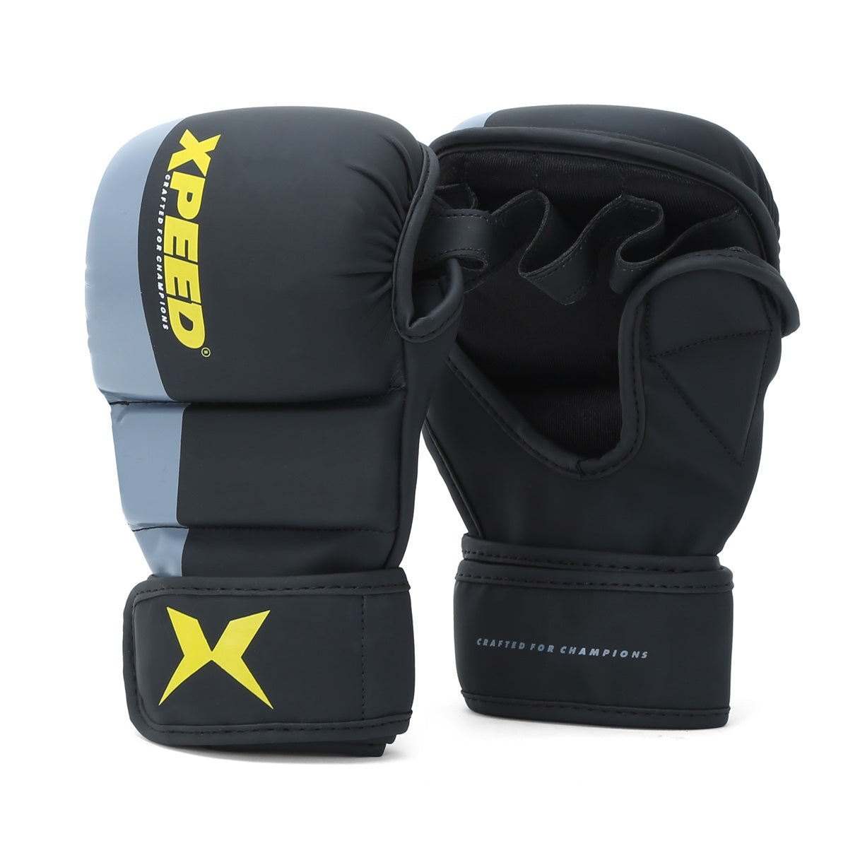 Yellow Xpeed XP1504 MMA gloves with padded knuckles and adjustable wrist straps for training and striking martial arts.