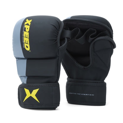 Yellow Xpeed XP1504 MMA gloves with padded knuckles and adjustable wrist straps for training and striking martial arts.