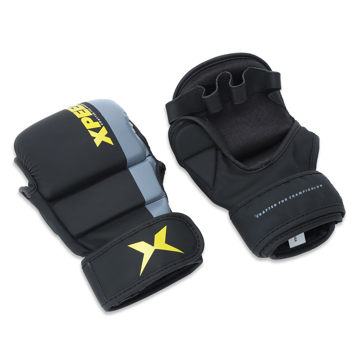 Yellow Xpeed XP1504 MMA grappling gloves with padded palms and adjustable straps for training and combat martial arts.
