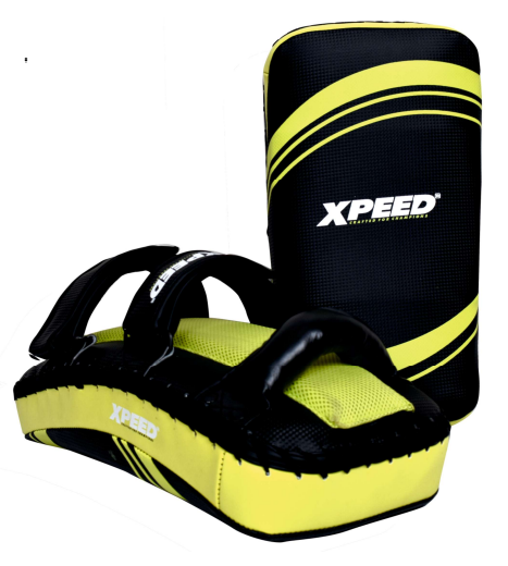 Black and green Xpeed XP1603 curved Thai pads, pair of durable martial arts training pads with padded handles.