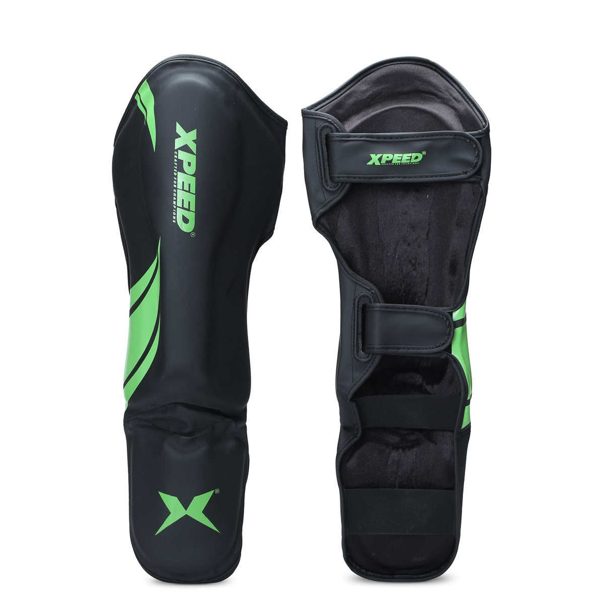 Green Xpeed XP1806 Shin Pad for MMA and martial arts, featuring durable premium PU padding and adjustable straps.