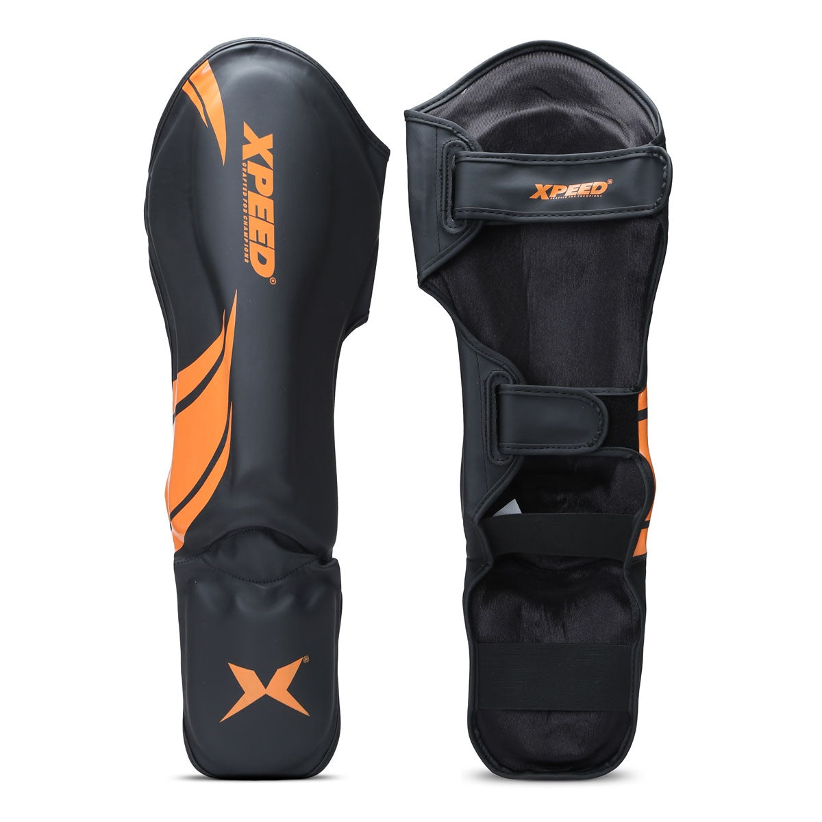 Orange Xpeed XP1806 Shin Pad for MMA and martial arts, featuring premium PU material and protective design for combat sports.