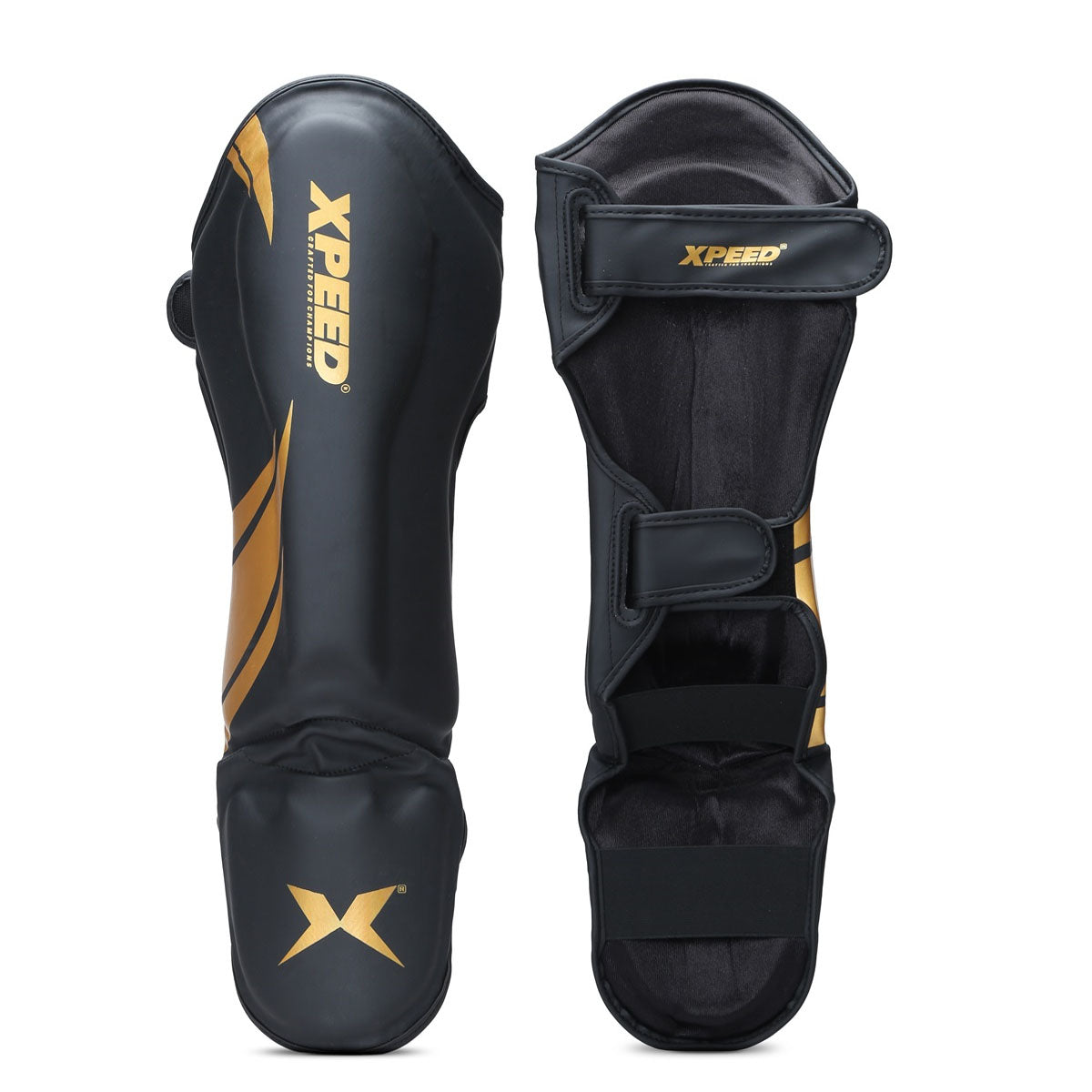 Xpeed XP1806 Shin Pad in gold, premium PU MMA and martial arts shin guard with padded protection for training and fighting.