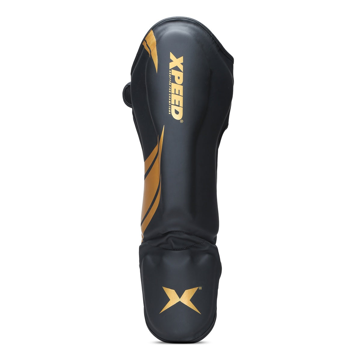Xpeed XP1806 golden MMA shin pad made of premium PU material, designed for martial arts and combat sports protection.