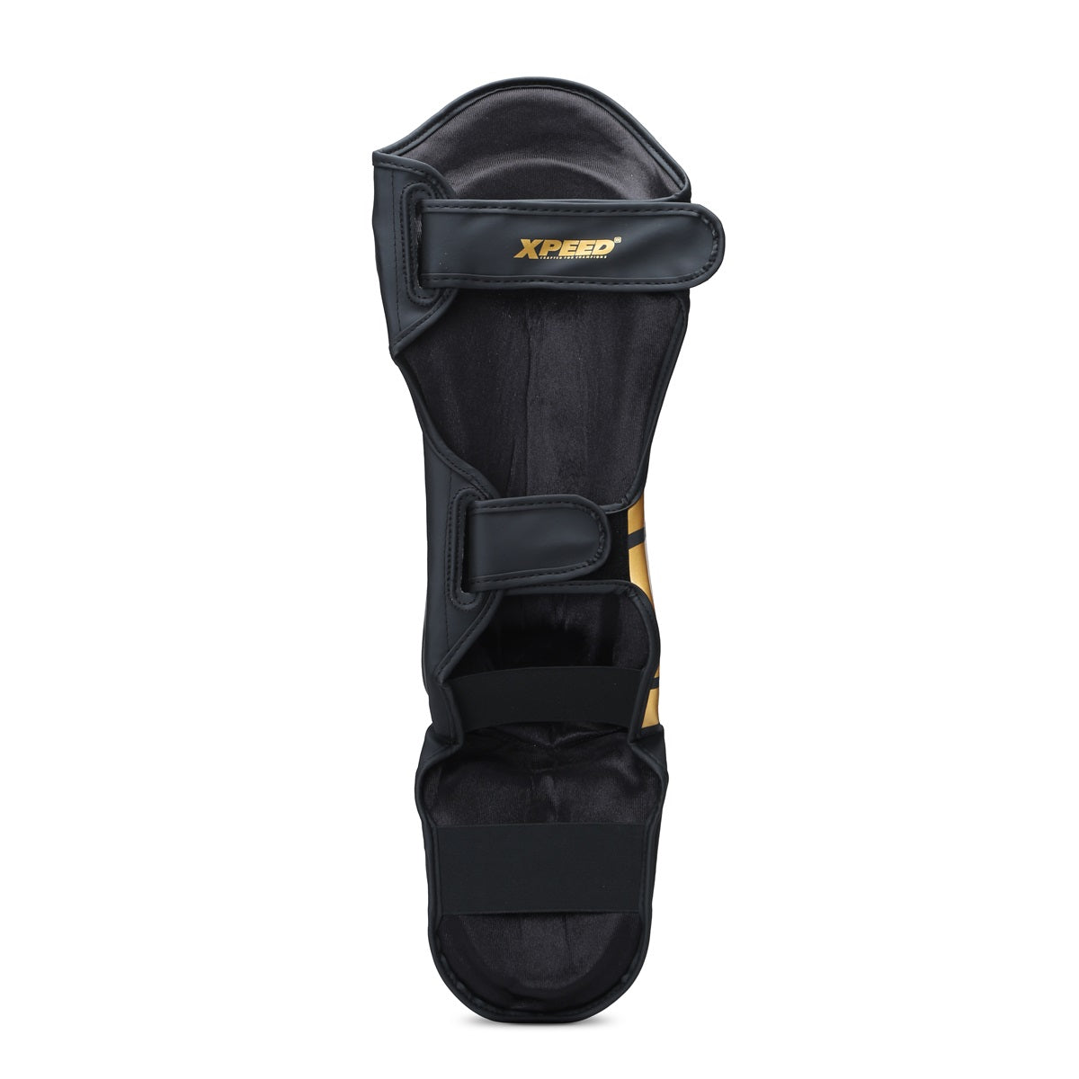 Xpeed XP1806 Golden MMA shin pad with premium PU material, designed for martial arts and kickboxing protection.