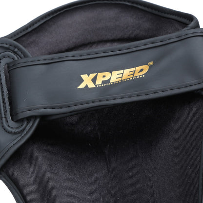 Xpeed XP1806 golden MMA shin pad made of premium PU material, designed for martial arts and combat sports protection.