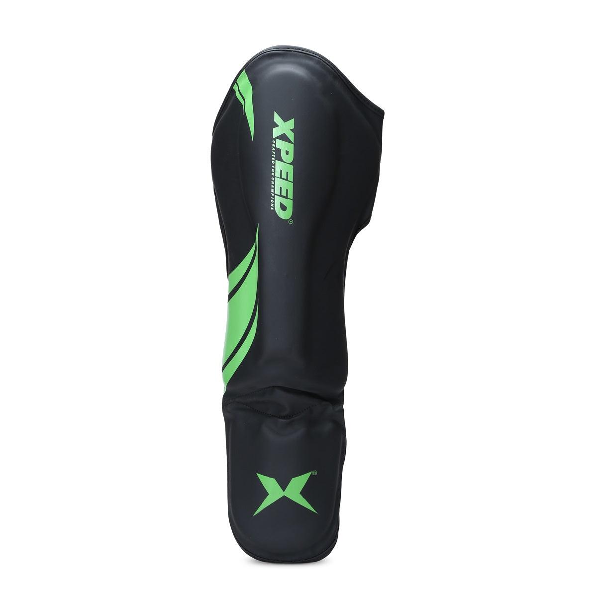 Xpeed XP1806 green MMA shin pad made of premium PU material, designed for martial arts and combat sports protection.